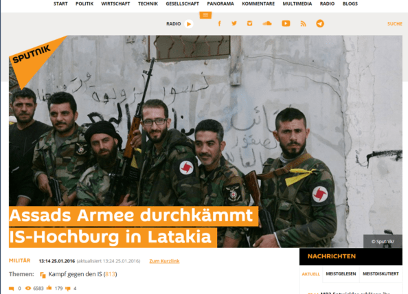 The headline from Sputnik Deutschland, Sputnik News’ German-language news site, reads: “Assad’s Army Sweeps IS Stronghold in Latakia."