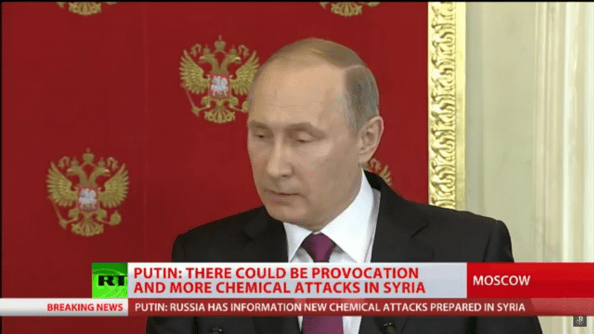 Still from an RT report on a press conference given by Vladimir Putin on April 11, where the Khan Shaykhun false-flag narrative was officially endorsed by the Russian President himself.