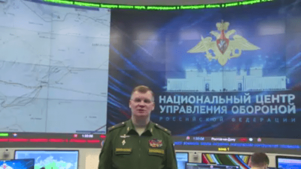 Still from a Russian Ministry of Defence video, claiming that the airstrike on Khan Shaykhun hit a chemical weapons depot preparing shipments to Iraq for ISIS.